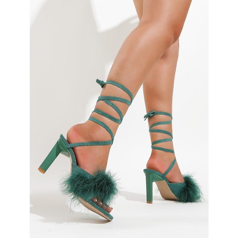 Summer Women's Shoes Hairy Square Toe Strappy Stiletto Heels Cross Strappy Sandals Women