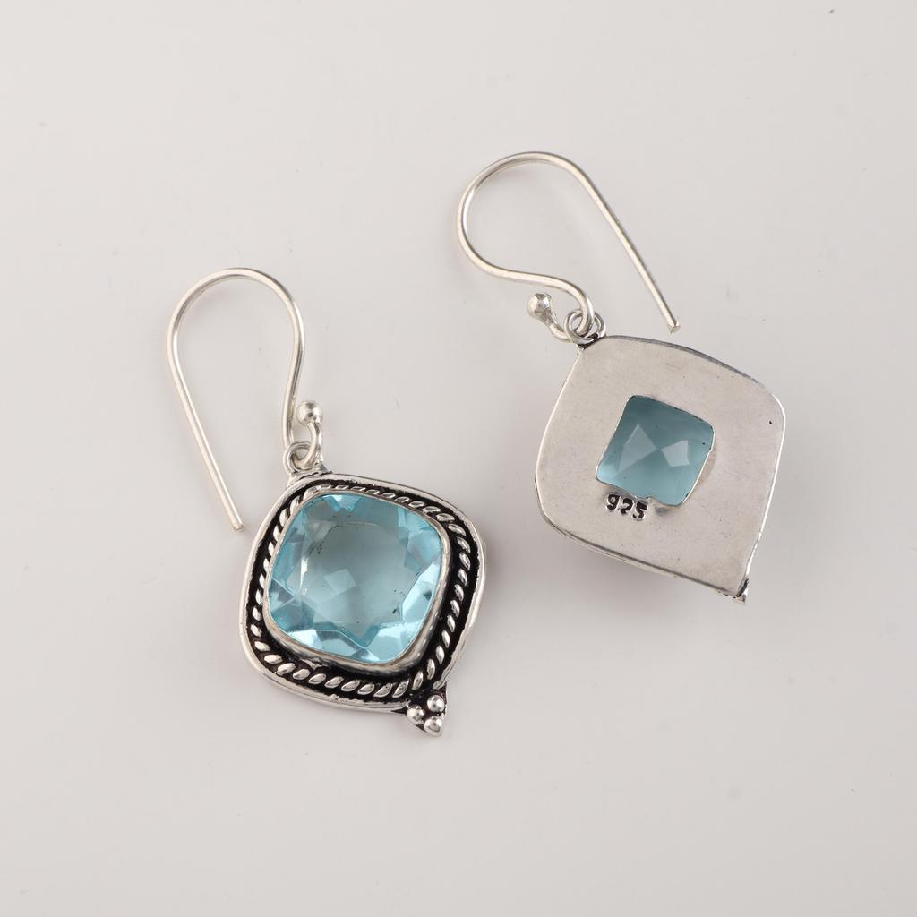 Sky Blue Topaz Gemstone Minimalist Silver Hook Earrings 1.6" , 925 Sterling Silver Wedding Jewelry For Women's AEE-5-9