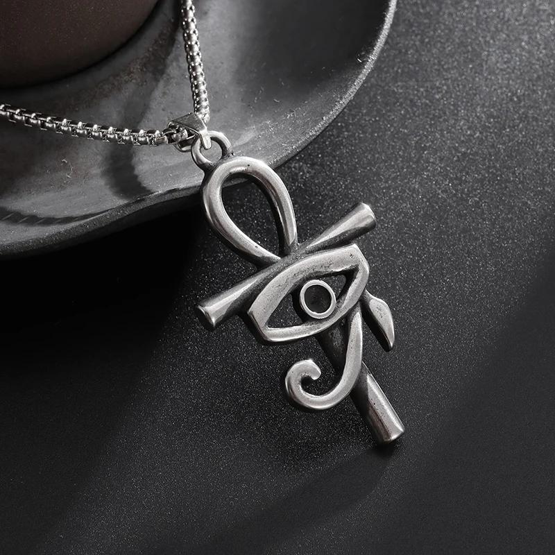 Stainless Steel Ankh Eye of Horus Cross Pendant Necklace Men's and Women's Fashion Amulets Jewelry Gift Accessories