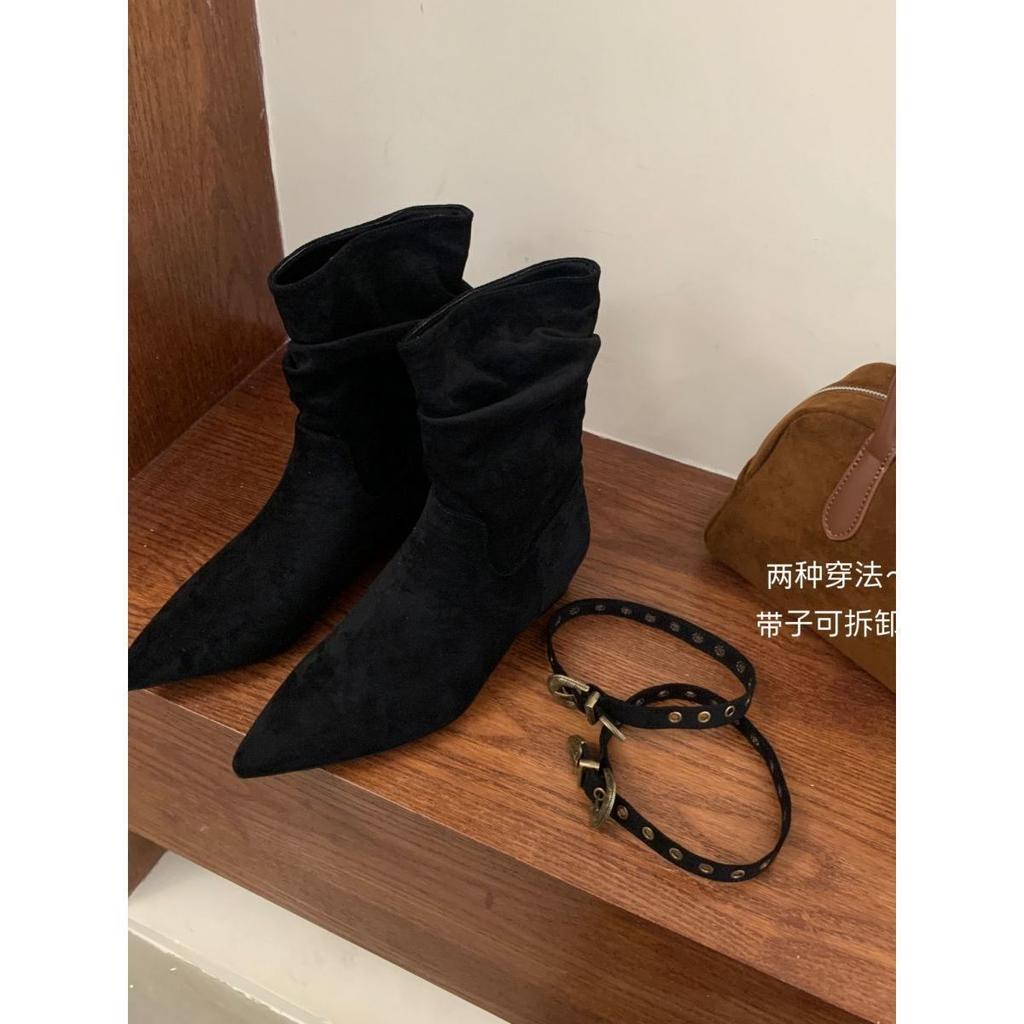 2025 New Pointed Rivet High Heel Short Boots Versatile Medium Tube Bare Boots Suede Western Cowboy Boots Fashion Short Boots Women
