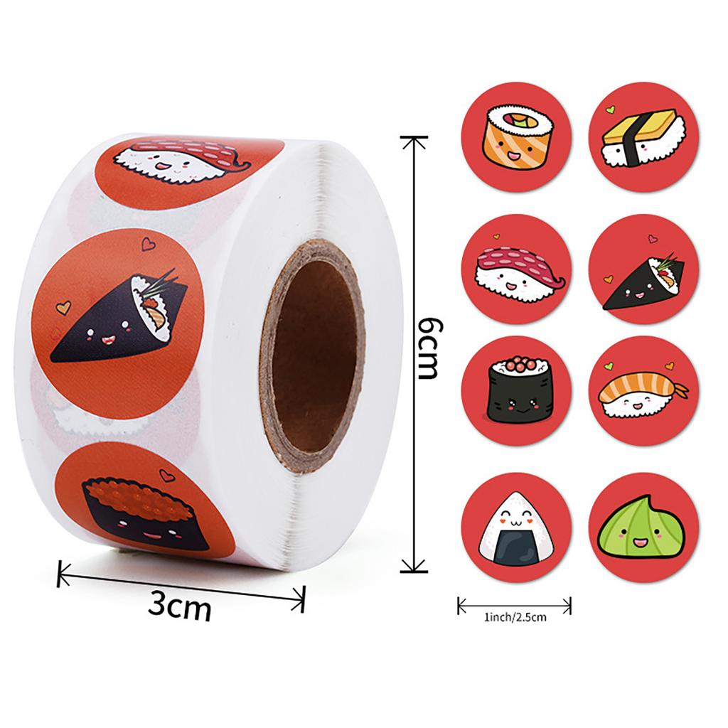 500Pcs/Roll 2.5Cm/1Inch Circular Cute Cartoon Sushi Pattern Decorative Sticker Baked Dessert Lunch Box Label Decor Sticker