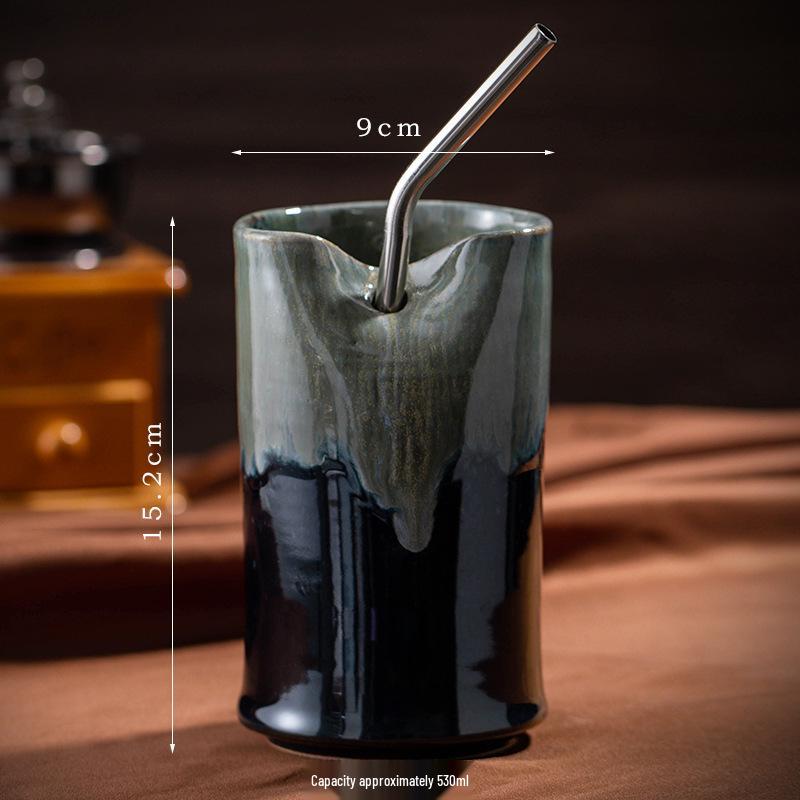 Nordic Creative Retro Ceramic Coffee Cup - Irregular Straight Cylinder Design, Coarse Pottery Finish, Straw Mug Style.