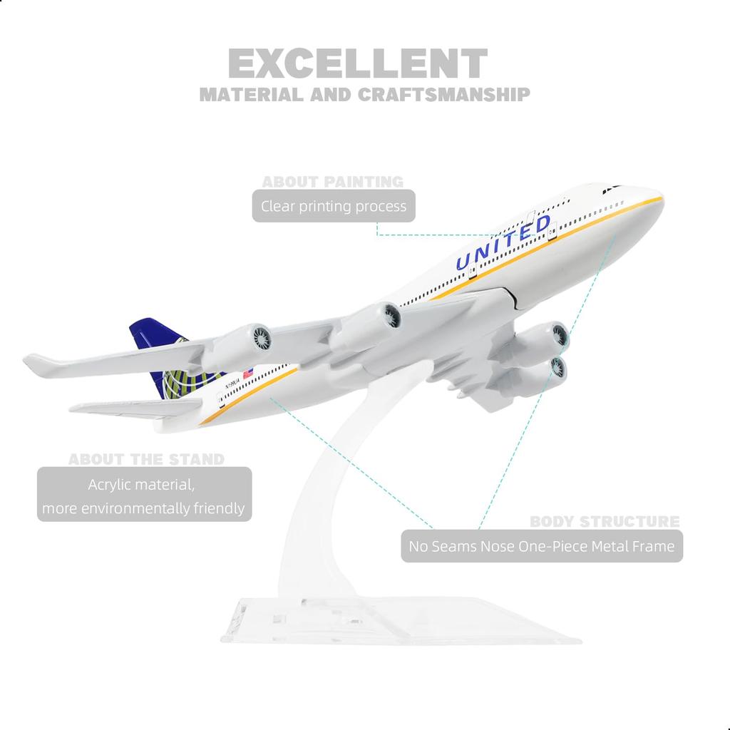 QIYUMOKE United Airlines Boeing 747 Airplane Diecast Finished Model with Plastic Desktop Display Creative Passenger Aircraft Decoration 1/400 Model,