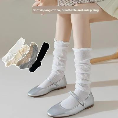 Socken im Ballettstil, Damen Oberschenkelhohe Socken, Dünne Spitzenfrotteesocken für Herbst und Winter, Lange Socken, Schulstil
