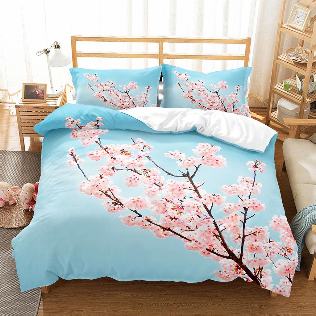 Kirschblüten-Bettbezug-Set, King-Queen-Größe, rosa Blumen-Polyester-Bettbezug für Kinder, Teenager, Erwachsene, Bettwäsche-Set