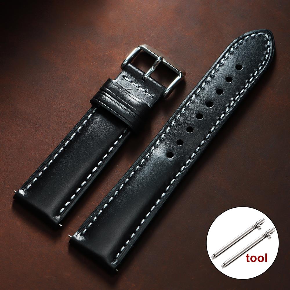 Oil Wax Calfskin Leather Watchband Retro Wrist Strap 18mm 20mm 22mm with Silver Stainless Steel Buckle Soft Material Watch Band