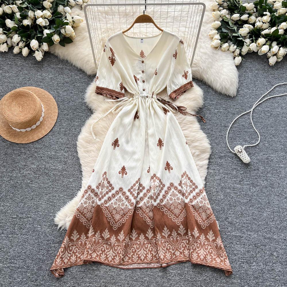 Bohemian vacation dress women's summer literary retro waist V-neck short-sleeved printed long dress