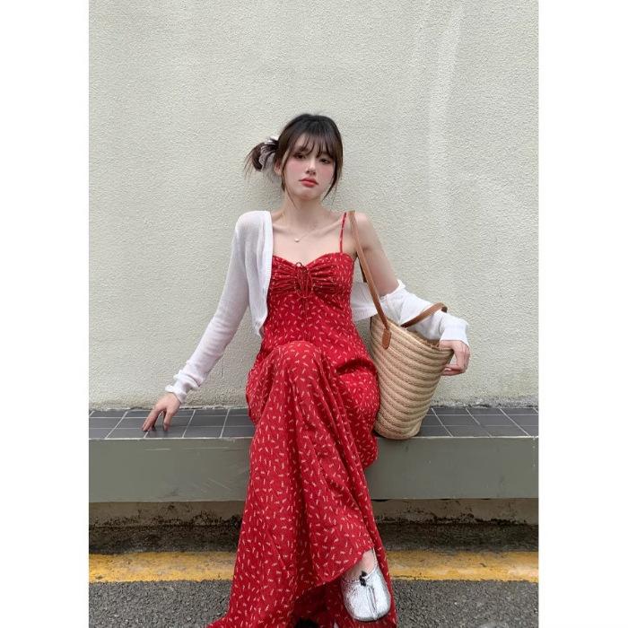 

[Shoulder straps adjustable + back pull] floral skirt dress women s summer hot girl A-line skirt sundress seaside long S красный