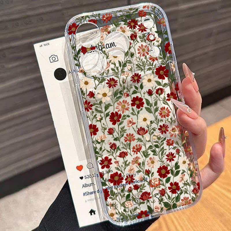 Clear Minimalism Red Flower Pattern Phone Case For IPhone 17e 16 17 16e 15 14 13 12 11 Pro Max Plus Soft Flexible Durable Cover