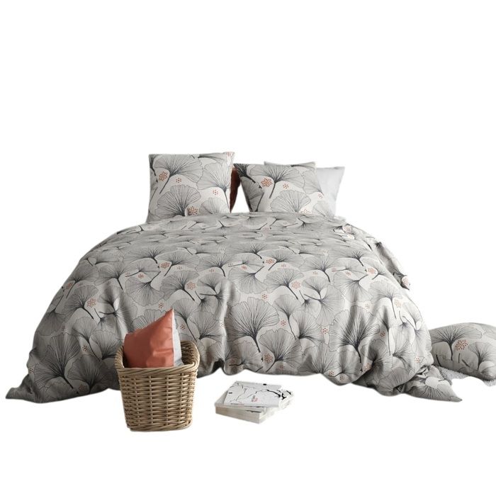 Parure De Lit - Housse Couette 240x260 Cm - 2 Taies - Motif Feuillage Ginkgo - 100% Coton Doux