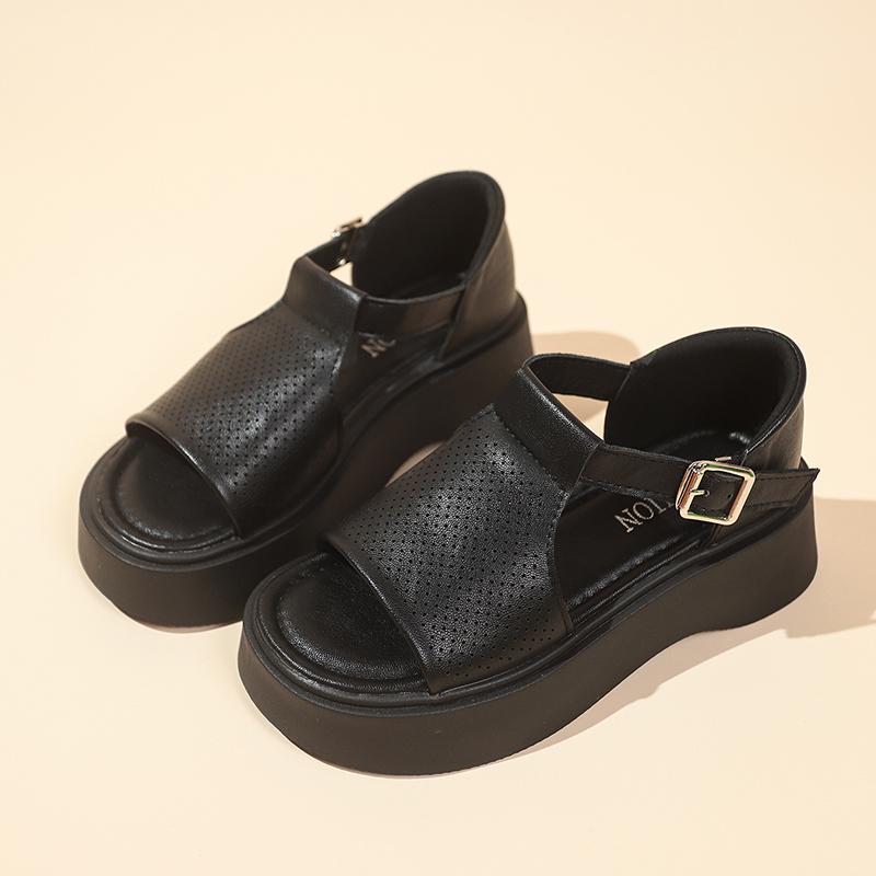 Fashion 2025Women'S Leather Upper Plus Size Sandals Open Toe Roman Thick Sole Flat Sandals Hollow Breathable Comfort