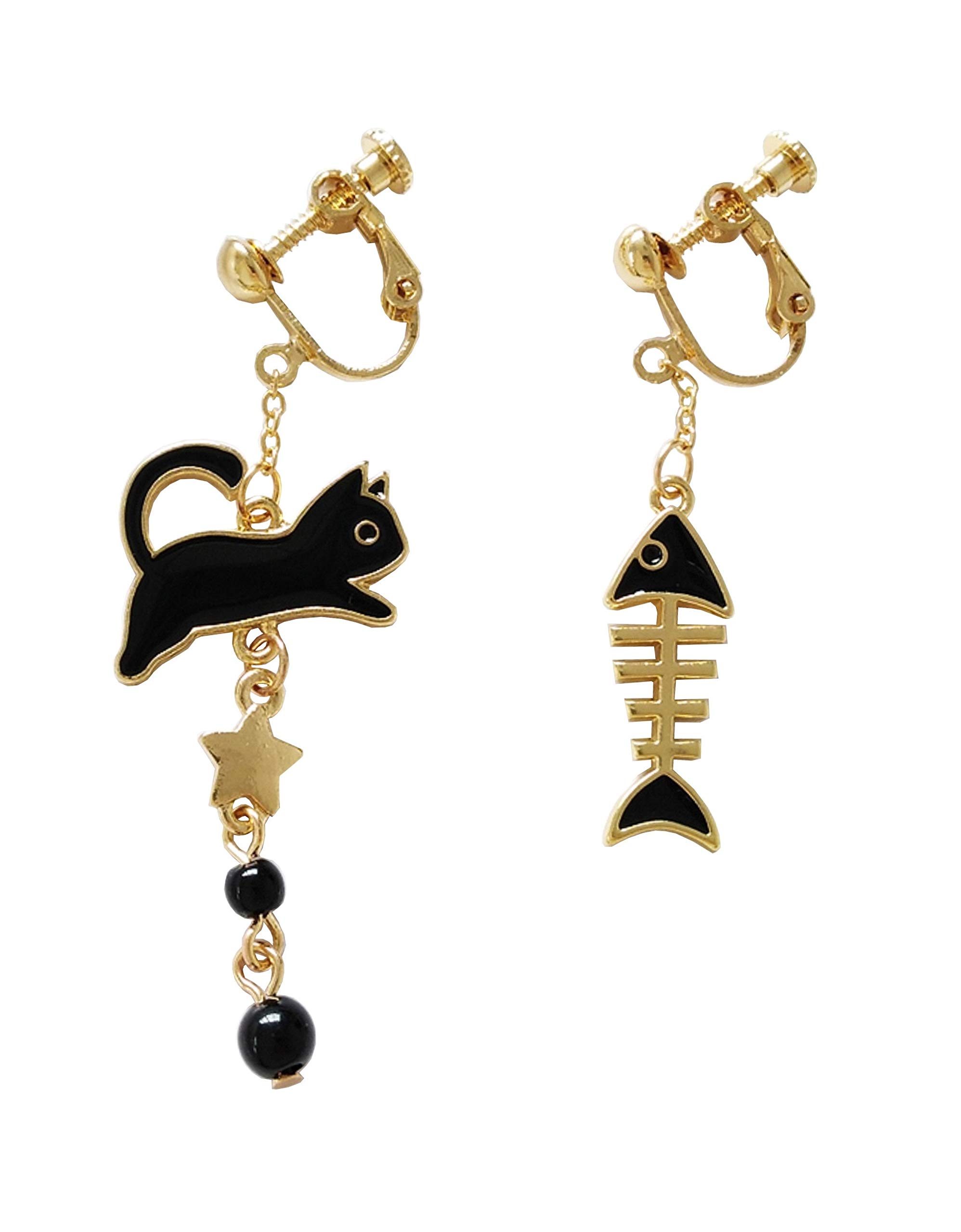 

Feel Cat and Fish Cute Cat Gift Black Earrings Non-hole Women s (Earrings Black)