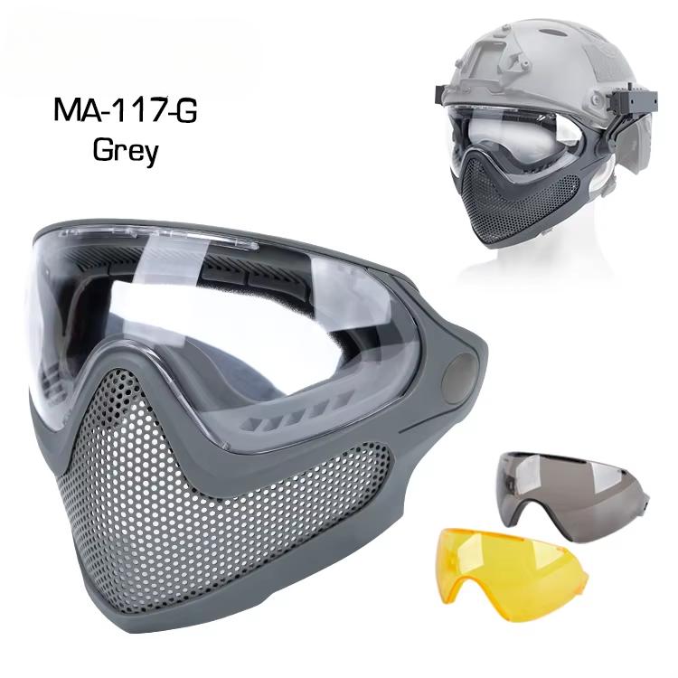 

Tactical Pilot Mask Airsoft Steel Mesh Version Mask Full Face with 3 Anti-Fog Goggles for FAST Helmet Shooting CS Wargame MA-117 G