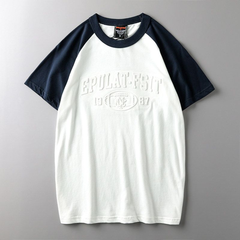 Foreign Trade Tail Order Cut Label Retro Short Sleeve Export T-shirt White\Royal Blue L