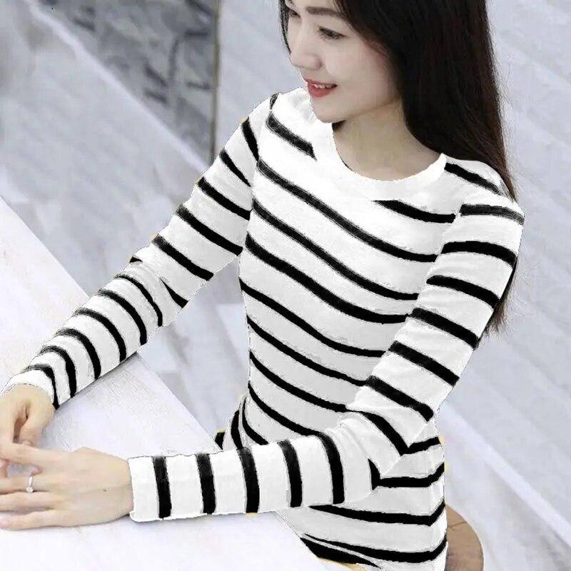 Long Sleeved T-shirt Women's Spring Sutumn New Striped Shirt Korean Loose Versatile Round Neck Bottoming Blouse M-5XL
