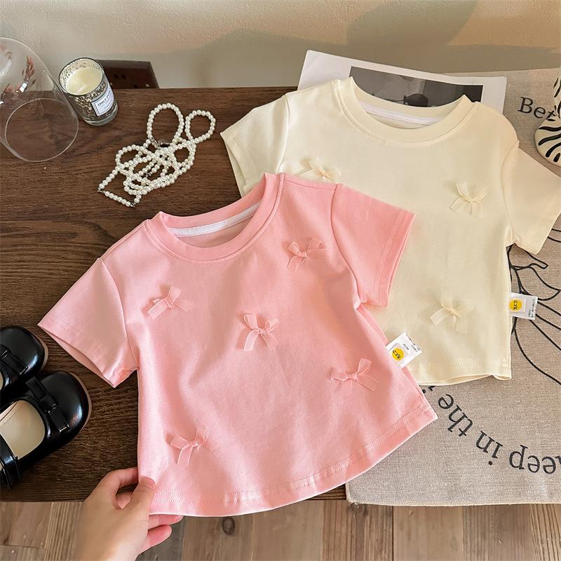 Kids Girls Pink Bow Decor Cotton Short Sleeve T-Shirt