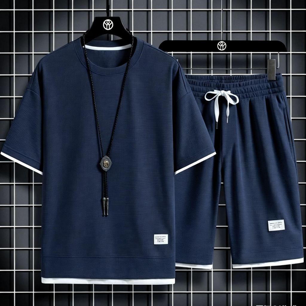 Men's Hong Kong Style Loose Two-Piece Waffle Sports Suit