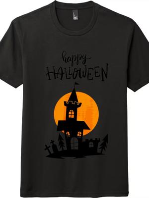 Halloween-Themen-T-Shirt mit Schloss-Print ''Happy Halloween'' | Kurzarm-Oberteil Unisex