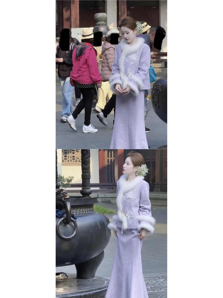 2025 Winter Women's Chic Furry-Trim Chinese Style Jacket & Skirt Set