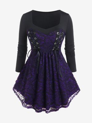 Rosegal Gothic Lace Panel Lace-up Flared T-shirt