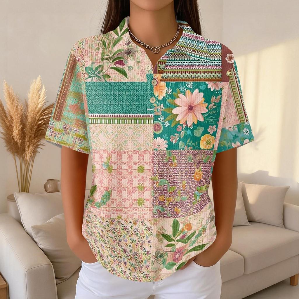 Damen Lässiges Kurzarm Waffelstrick Poloshirt Knopfleiste Patchwork Blumenprint Leichtes Oberteil