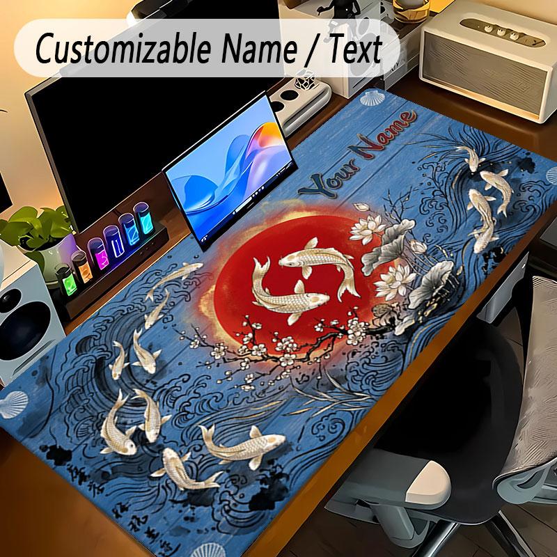 Koi Fish Theme Personalized Mouse Pad Custom Name Text Non Slip Desk Pad For Laptop Office Desktop