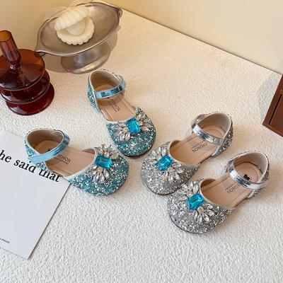 Girls Dance Shoes Shiny Crystal Sequins Kids Half Sandals for Summer Ins Trend 2025 New Girls Princess Shoes Wedding Party Sweet