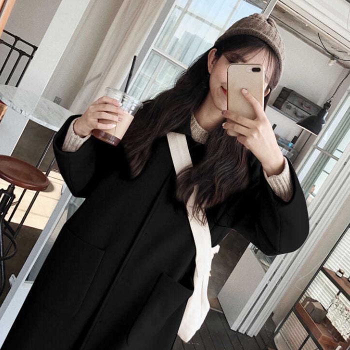 Women's Spring Fall Woolen Coats Solid Color Long Warm Jacket Office Ladies Trendy Elegant Casual Slim Windbreaker Streetwear
