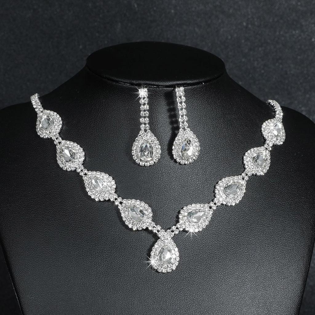 Shiny Full Diamond Flower Necklace Earrings Set Premium Sense Pieces Earrings Three-piece Set