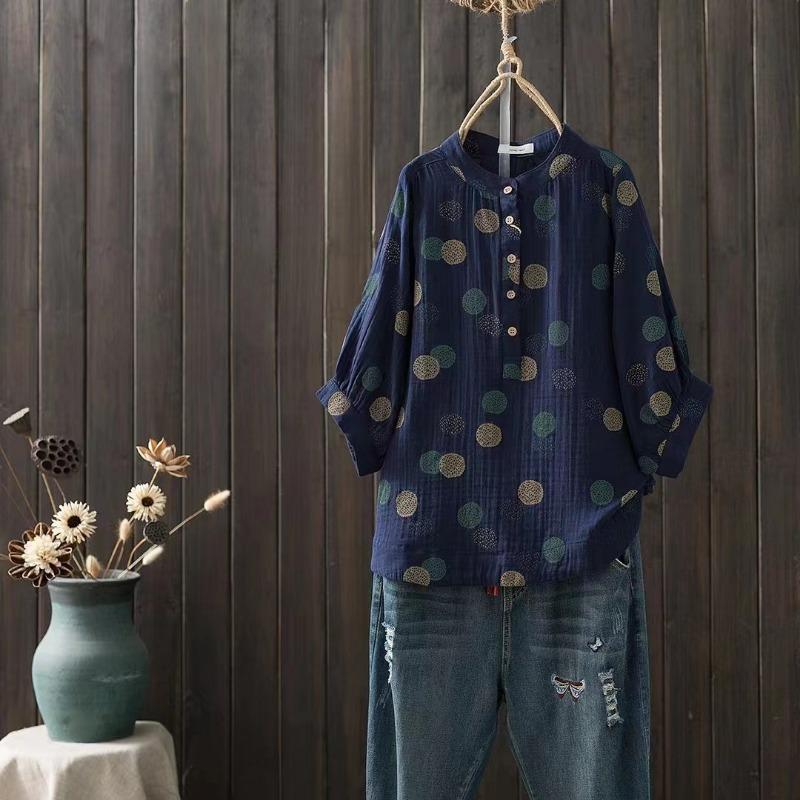 Autumn Double-layer Cotton Yarn Blouses & Shirts Printed Plus Size Shirt Loose Five Quarter Sleeve Stand Up Collar Top Cotton Yarn Shirt