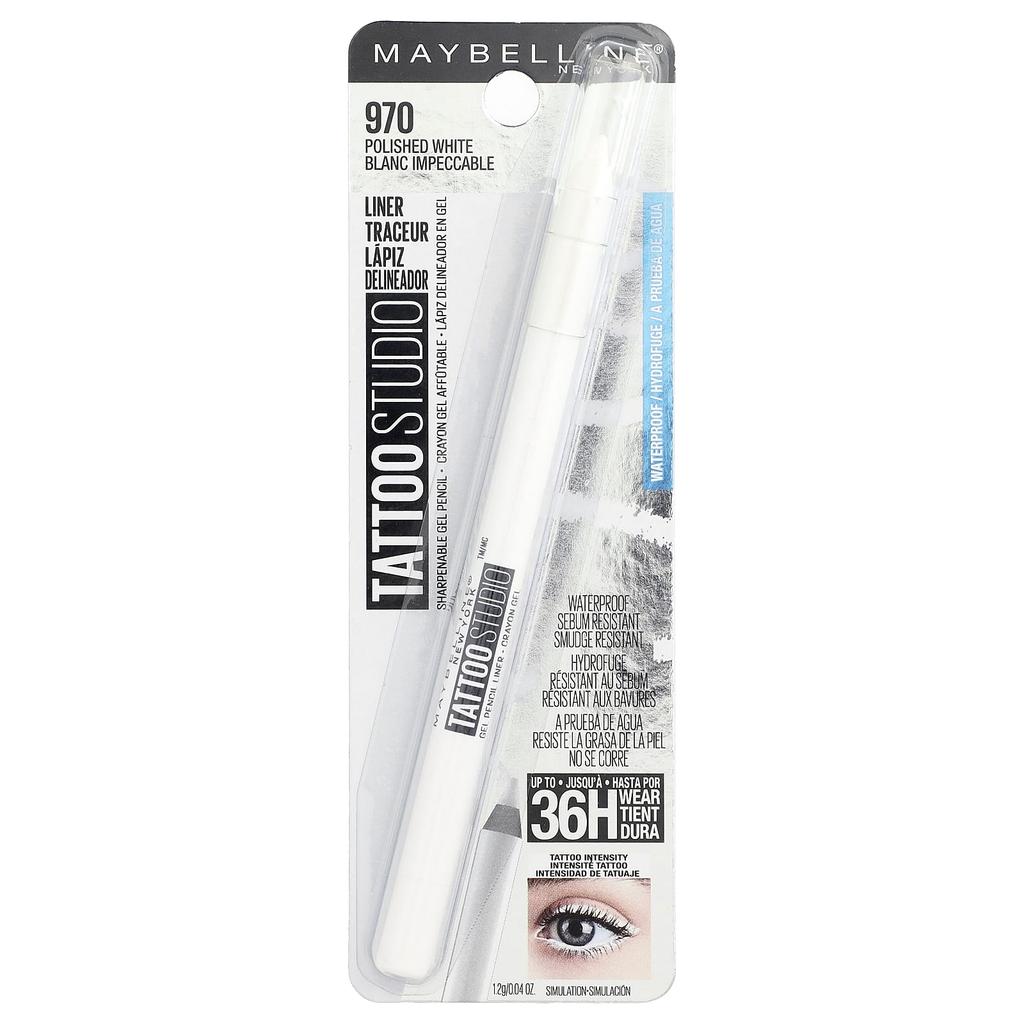 Maybelline Tattoo Studio, Eyeliner, Sharpenable Gel Pencil, Waterproof, 970 Polished White, 1.2 G (0.04 Oz)