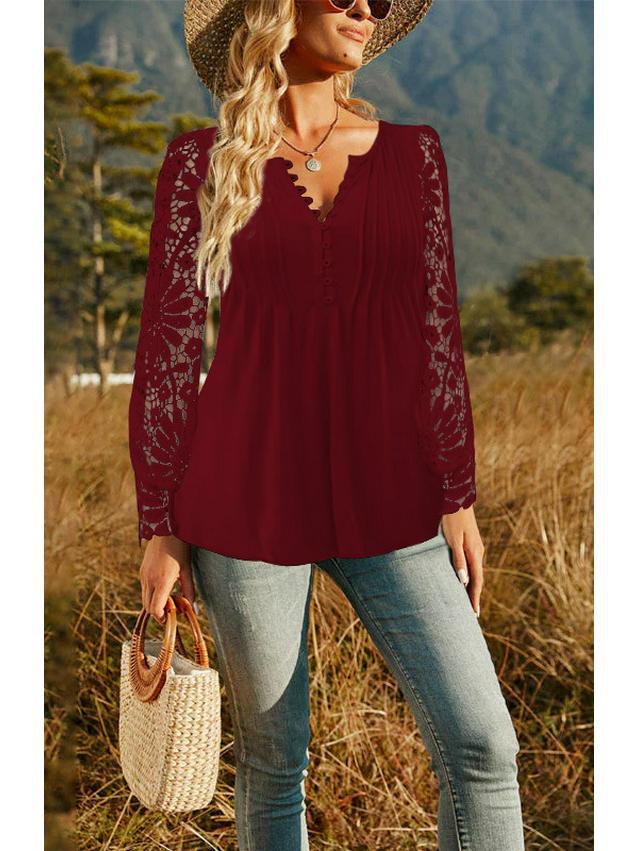 Tricou de damă cu mânecă plisată și nasturi, la modă primăvară/toamnă 2024