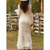 Elegantes Vintage Boho Quastenkleid für Damen Weiß Spitze V-Ausschnitt Fransenärmel Herbst Partykleid Hochzeitsgast Maxikleider