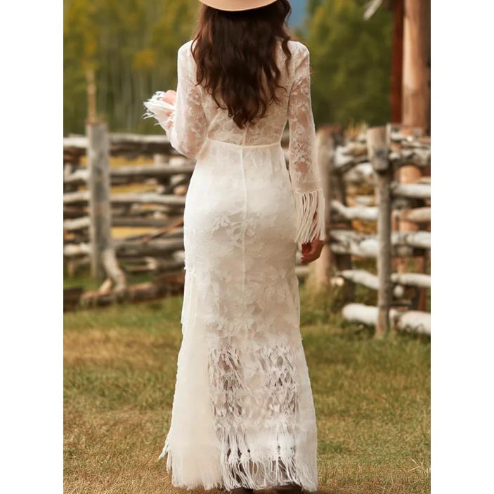 Elegantes Vintage Boho Quastenkleid für Damen Weiß Spitze V-Ausschnitt Fransenärmel Herbst Partykleid Hochzeitsgast Maxikleider