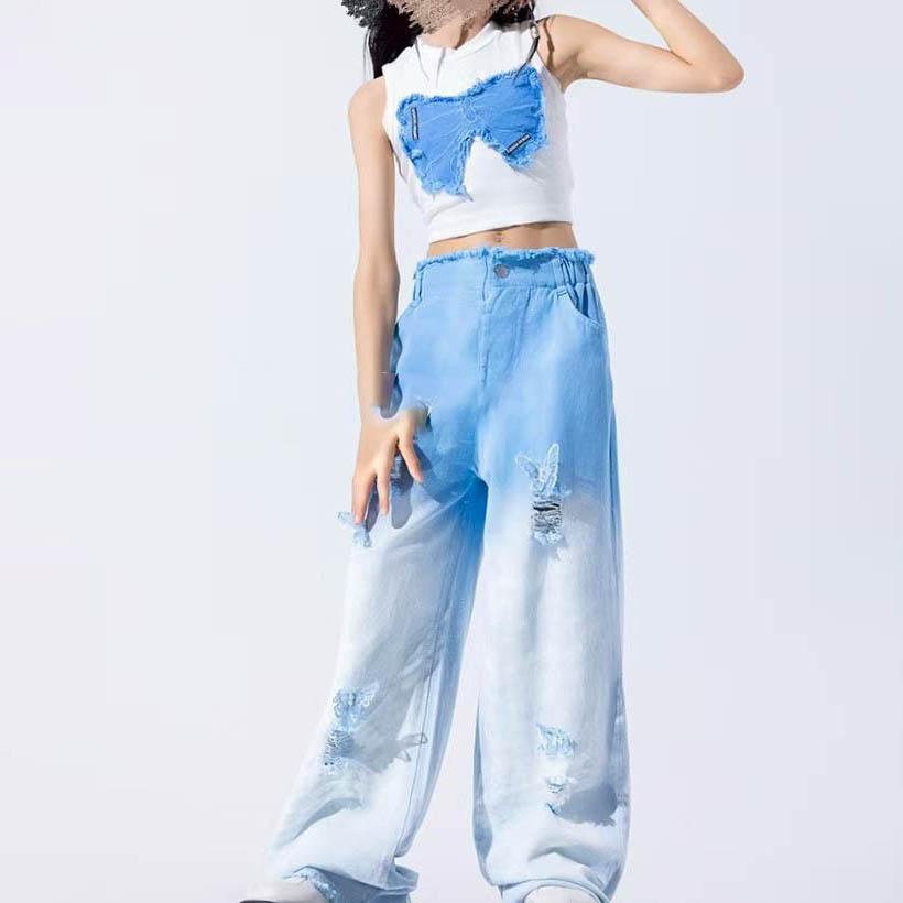 

Комплект летней одежды для девочек, модный детский топ без рукавов + рваные джинсы, комплект из двух предметов, детская одежда 140 синий