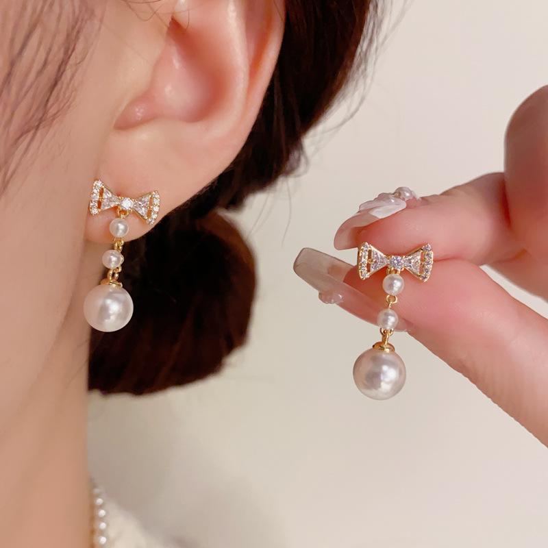 

French Zircon Bow Pearl Tassel Earrings - Elegant Light Luxury Accessory
