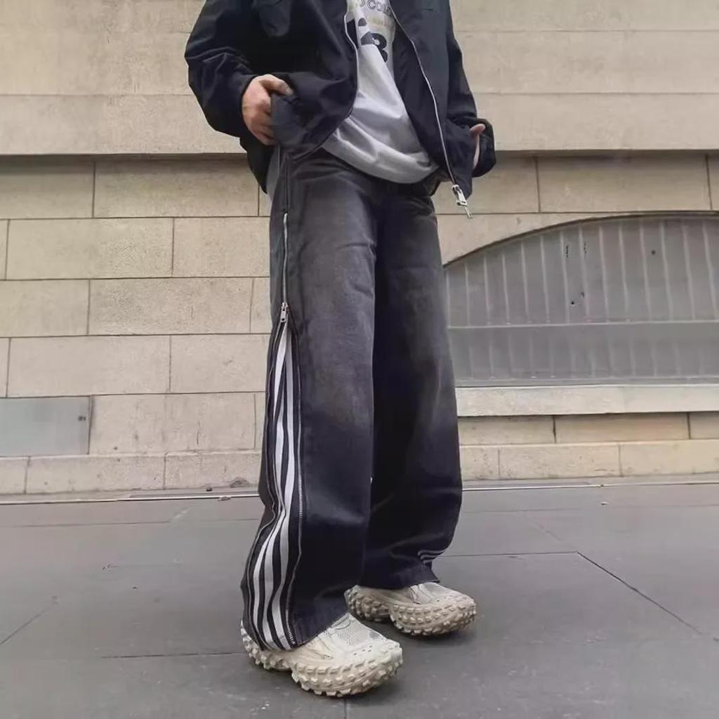 Pánské černé pruhované retro džíny s rovnými nohavicemi - Jarní/podzimní móda