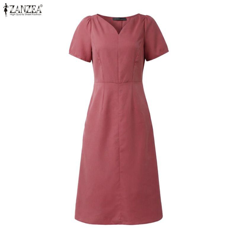ZANZEA Women Casual V-Neck Solid Color Summer Short Sleeve Dress