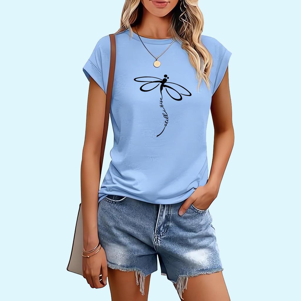 Women Fashion Dragonfly Print T-shirt Sring&summer Casual Ladies Round Collar Tee Shirt