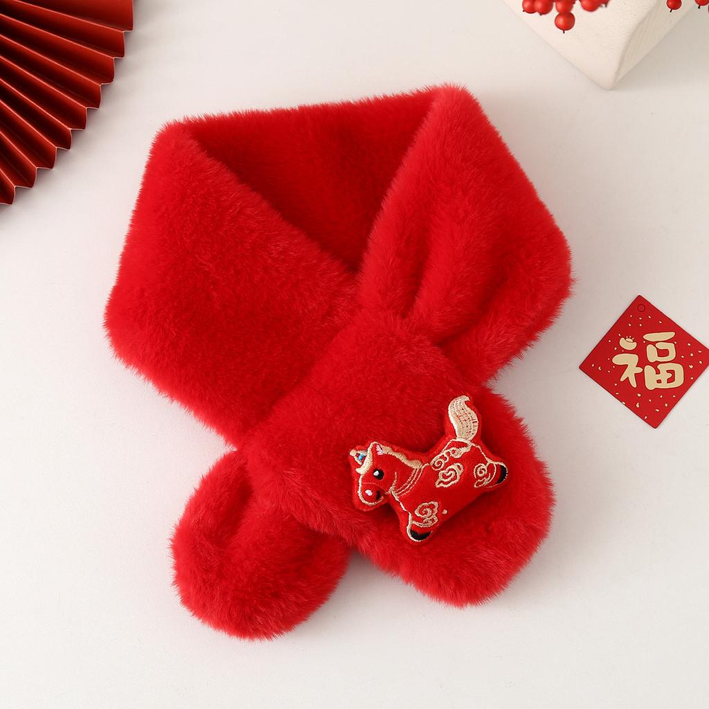 Autumn Winter Children's Scarf Chinese Style Zodiac Animals Red Scarf Cartoon Pony Plush Neck Warm Scarves New Year Gift