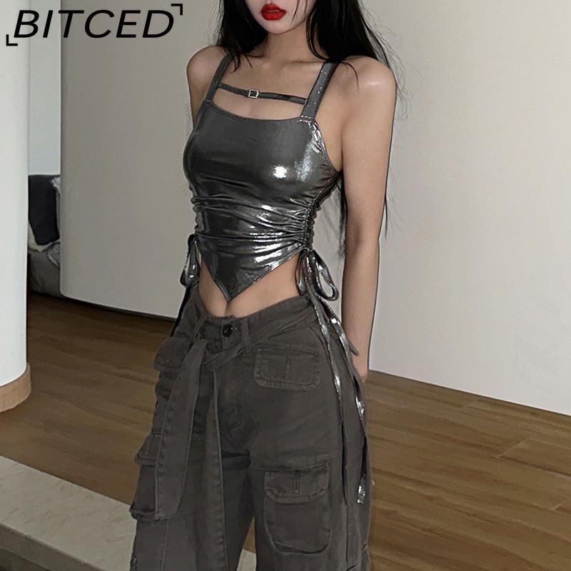 BITCED Spring/Summer Women's Solid-Colour Slim-Fit Fashion Strappy Drape-Detail Sexy Backless Tank Top