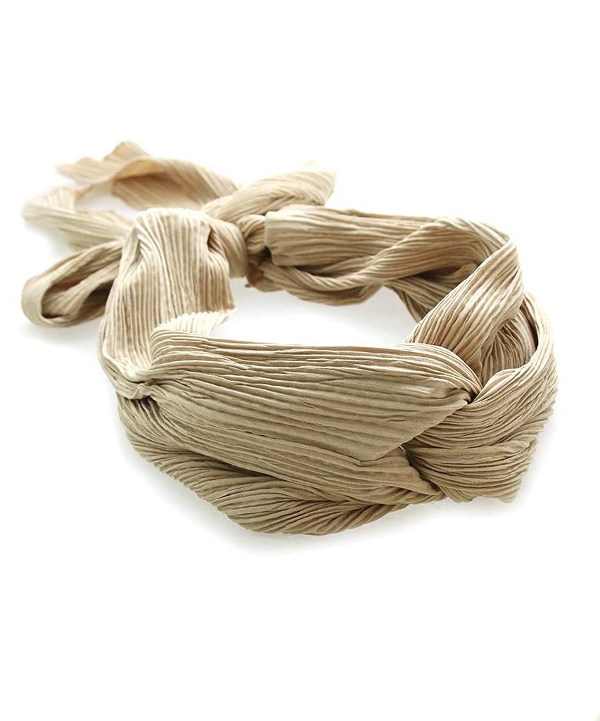 VINGTAINE Pleated Turban Hairband with Ribbon Perfect for Resort or Mature Beige Tie, Updos, HB-116-BE-