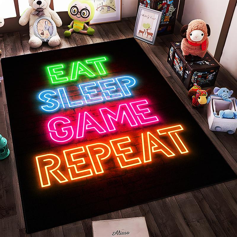 Neon Style Carpet with "Eat Sleep Game Repeat" Text Print Design Suitable for use as an anti-slip for living room bedroom sofas