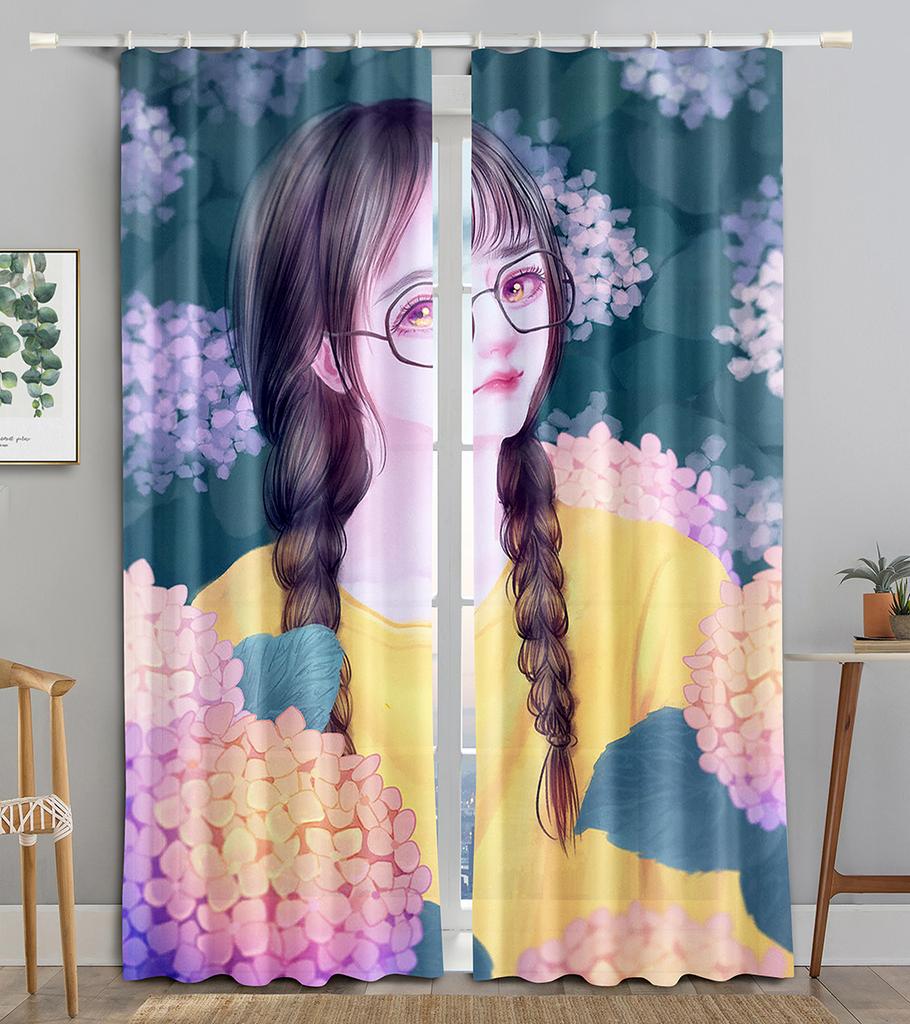 Flower Maiden Butterfly Shiny Girl Blackout Window Curtain for Living Room Bedroom Bathroom Kicthen Door Cupboard Decor Hooks