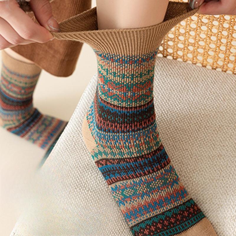 Ethnic-style Socks for Women In Winter, Thickened with Fleece, Warm Striped, Retro Long Tube with Loops, Women's Growth Socks, Cotton Socks
