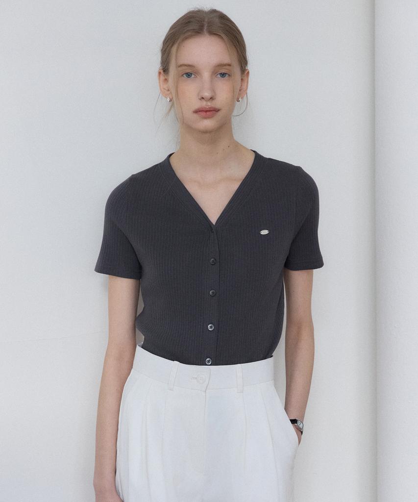 OURHOPE V-Neck Ribbed Button-Up T-Shirt - Charcoal