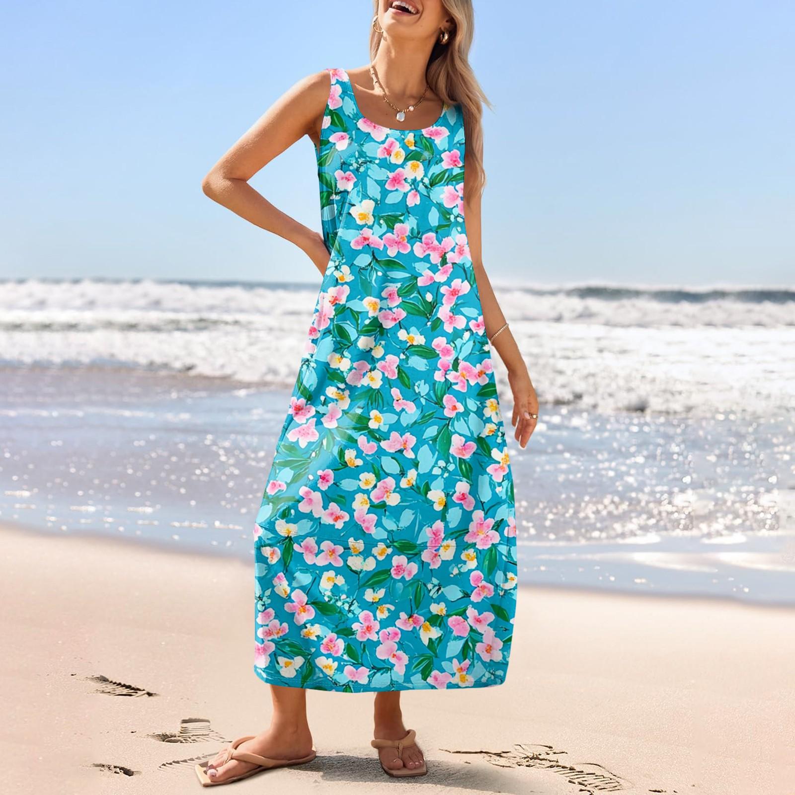 

Женский повседневный длинный сарафан, летнее пляжное платье, круглый вырез, без рукавов, свободный сарафан XXL циан