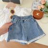 Adorable 2024 Summer New Girls Set Cute Lace Top And Trendy Korean Denim Shorts For Ages 3 To 8