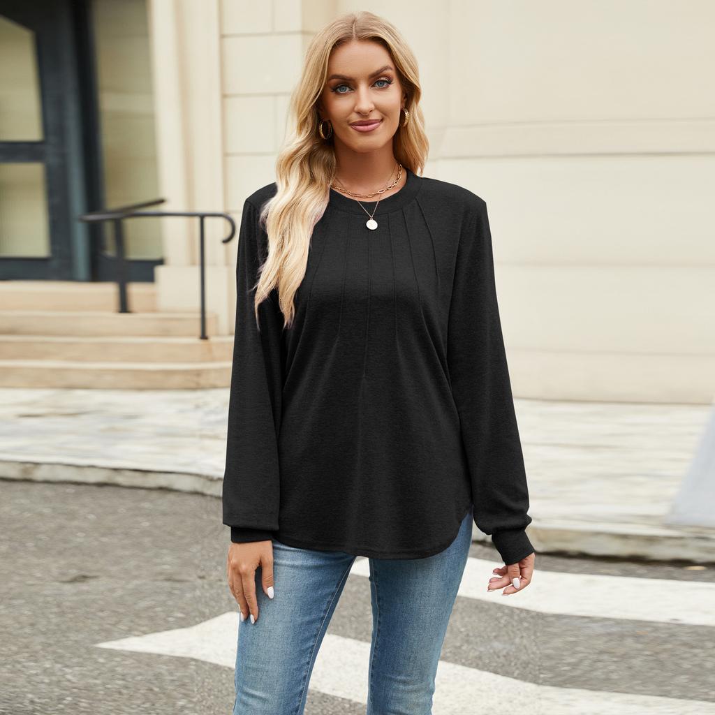 Women's Fall Casual Long Sleeve Top Crew Neck Pleated Loose Fit Fashion Daily Wear Tunic Blouse
