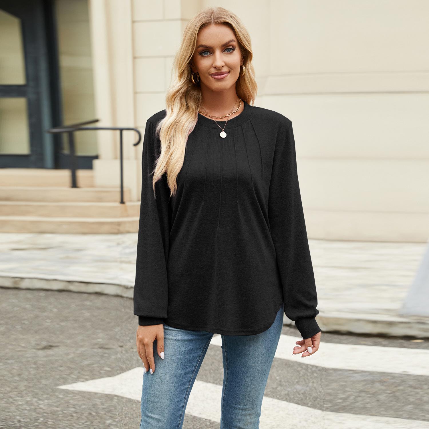 

Women s Fall Casual Long Sleeve Top Crew Neck Pleated Loose Fit Fashion Daily Wear Tunic Blouse S чёрный